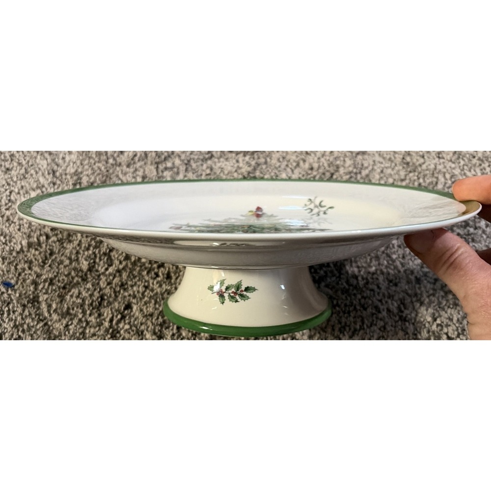Spode‎ Christmas Tree Footed Cake Plate Porcelain Ceramic Green Trim 10.5" - Picture 3 of 5